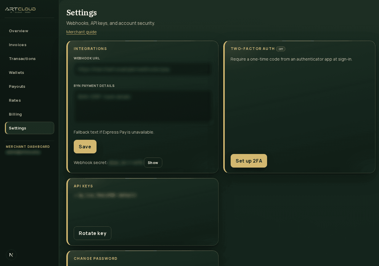 Settings — API key and webhook