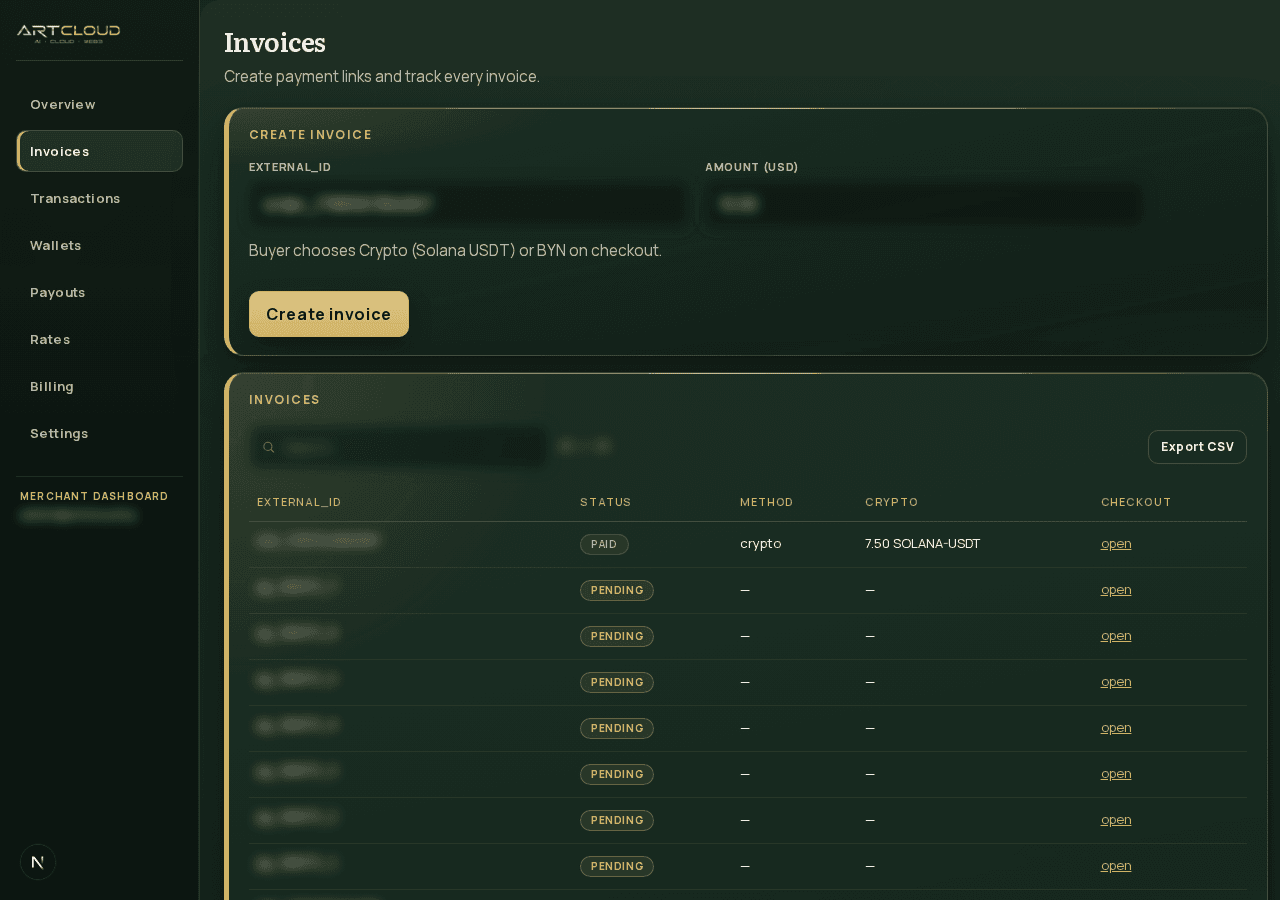 Invoices list with statuses